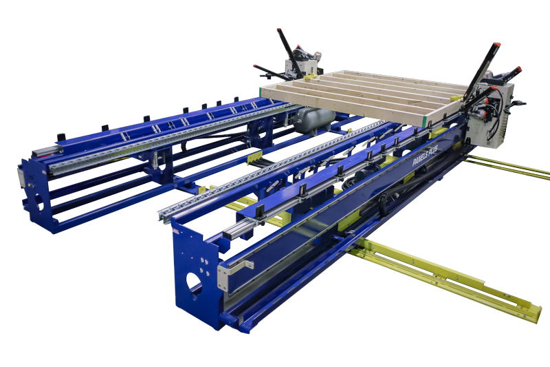 Wood wall framing machine with stud locators and indexing tool carriages.