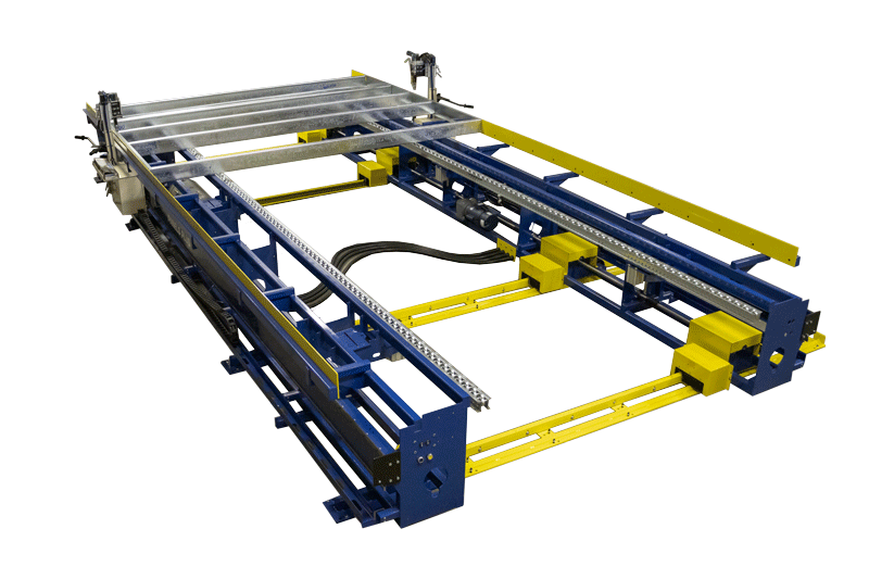 Light gauge steel framing machine with screw tool carriages.